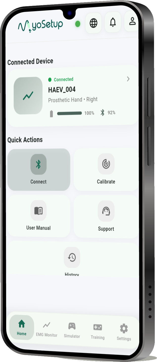 MyoSetup mobile app home screen with the connected device and quick actions